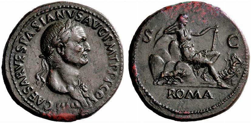 Roman coin depicting goddess Roma seated on Rome's seven hills